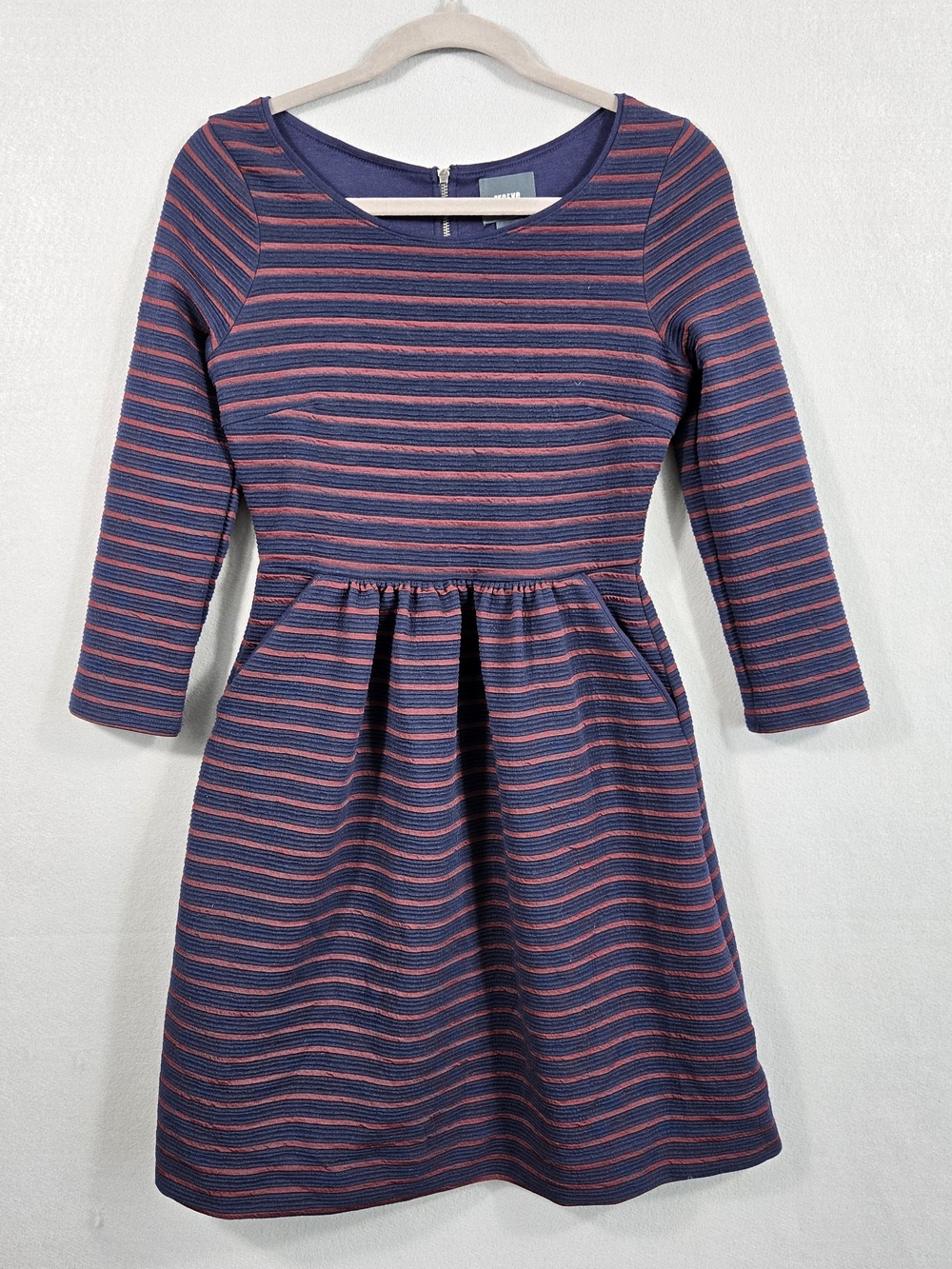 Maeve Anthropologie Striped Fit & Flare Dress Navy Burgundy Size 0 Pockets